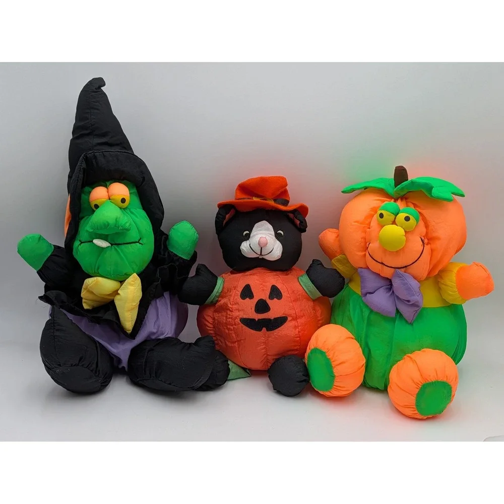Toy Box Creations Halloween Plush Puffy Nylon Witch Cat Pumpkin Lot of 3